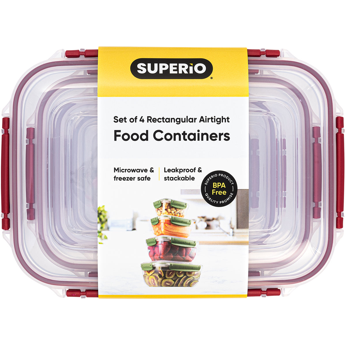 Red Rectangular Container Plastic Set of 4 Rectangular Sealed Containers, Red – Superio