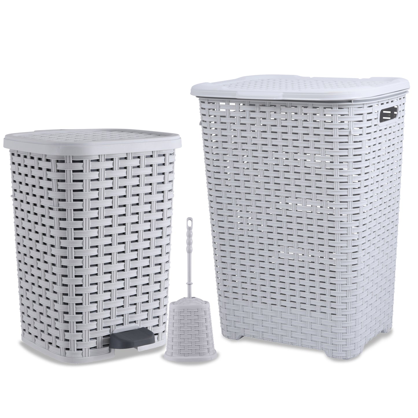 Wicker Toilet Brush Cleaner, Step-on Trash Can, and Laundry Hamper Set