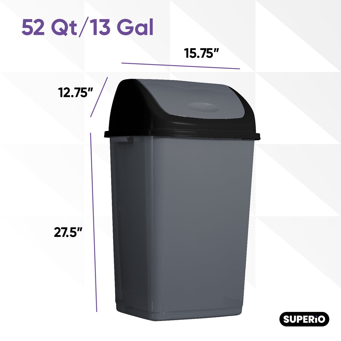 Large Swing Top Trash Can. 50 L/13 Gal. - Onyx Grey