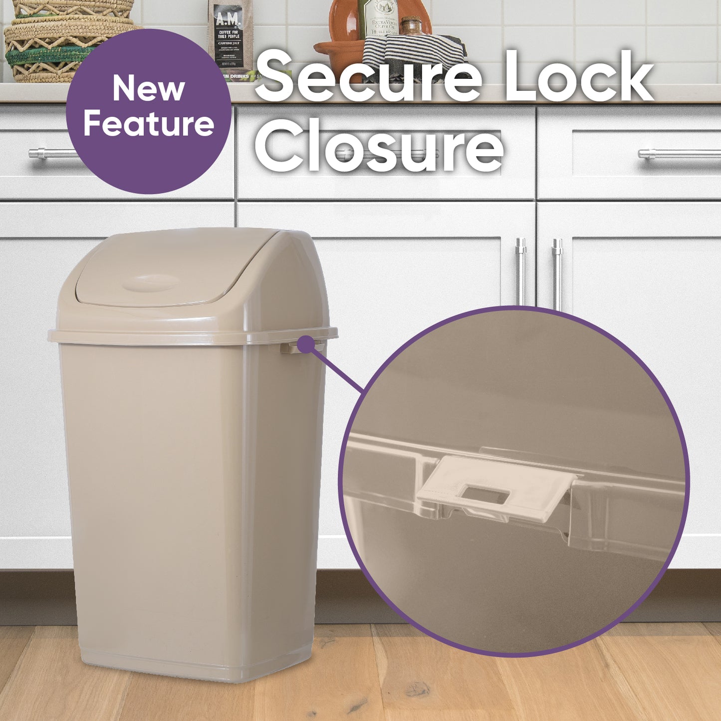 Large Swing Top Trash Can, 50 L/13 Gal - Beige