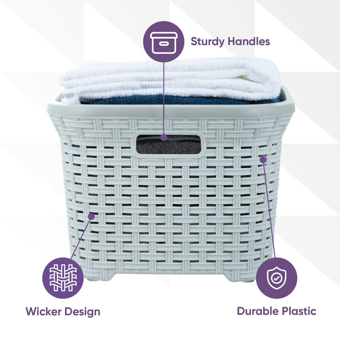 Wicker Style Laundry Basket with Cutout Handles, 50 Liter - White Smoke
