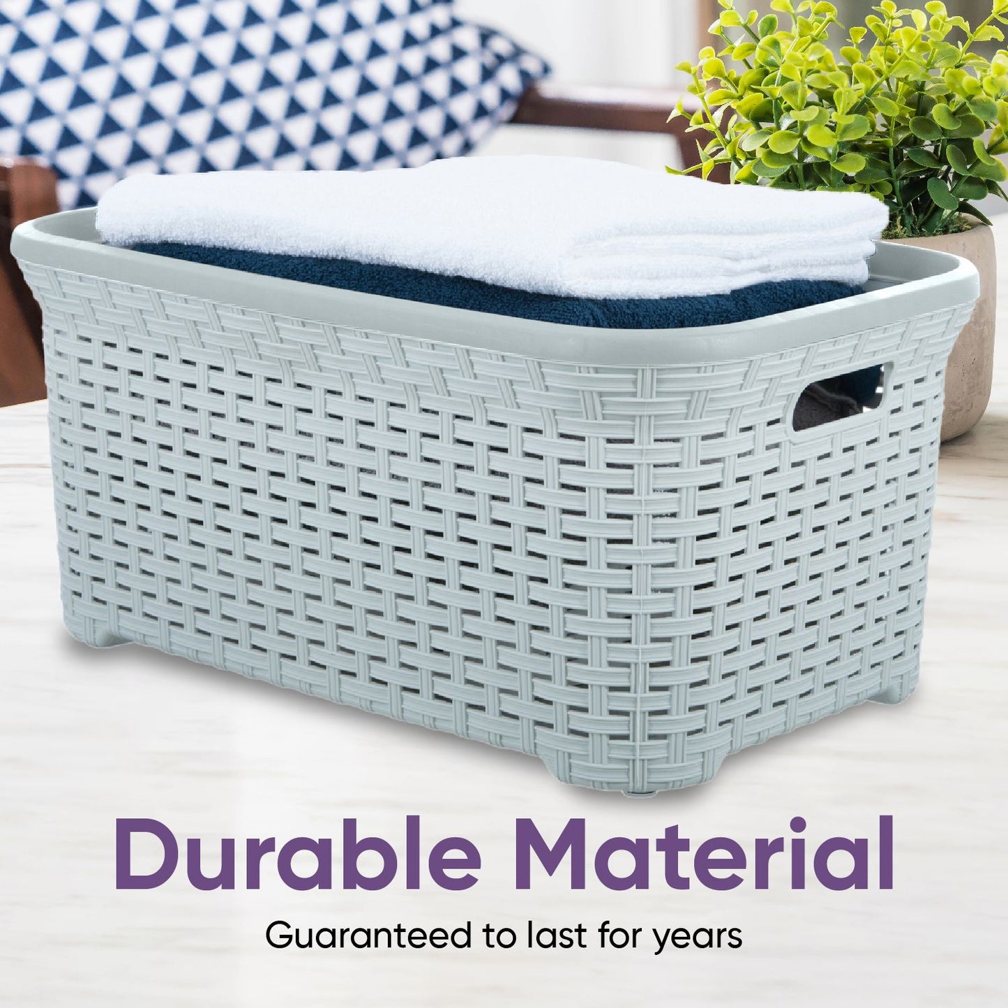 Wicker Style Laundry Basket with Cutout Handles, 50 Liter - White Smoke