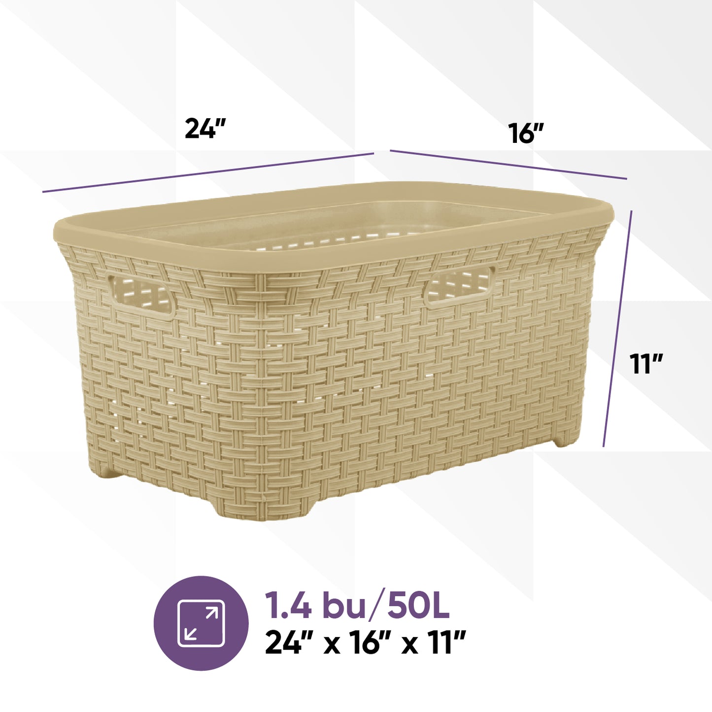 50-liter Wicker Style Laundry Basket with Cutout Handles.