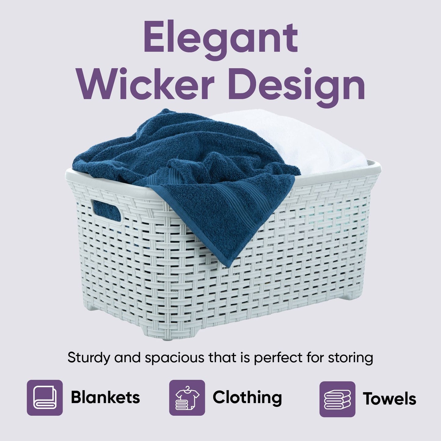 Wicker Style Laundry Basket with Cutout Handles, 50 Liter - White Smoke