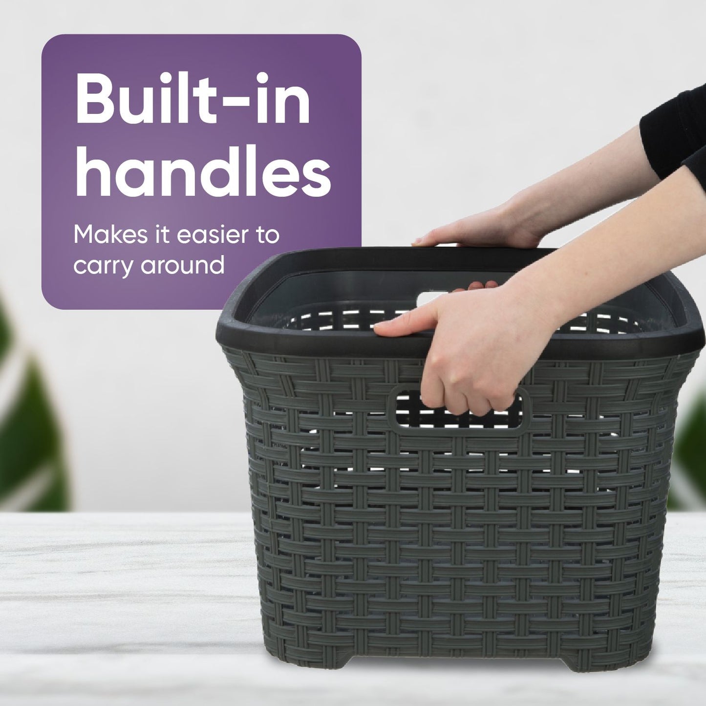Wicker Style Laundry Basket with Cutout Handles, 50 Liter - Onyx Grey