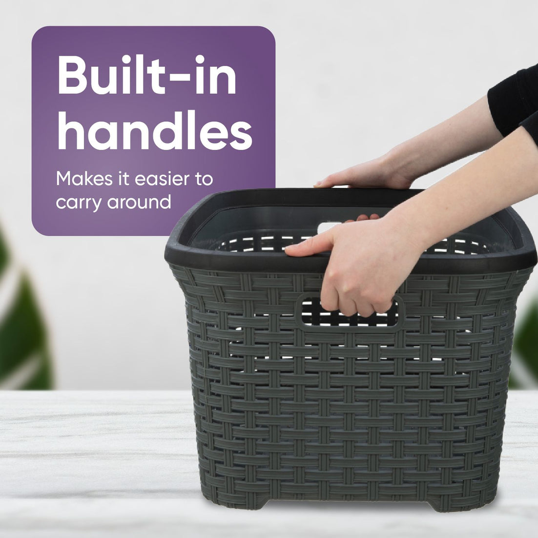 Wicker Style Laundry Basket with Cutout Handles, 50 Liter - Onyx Grey