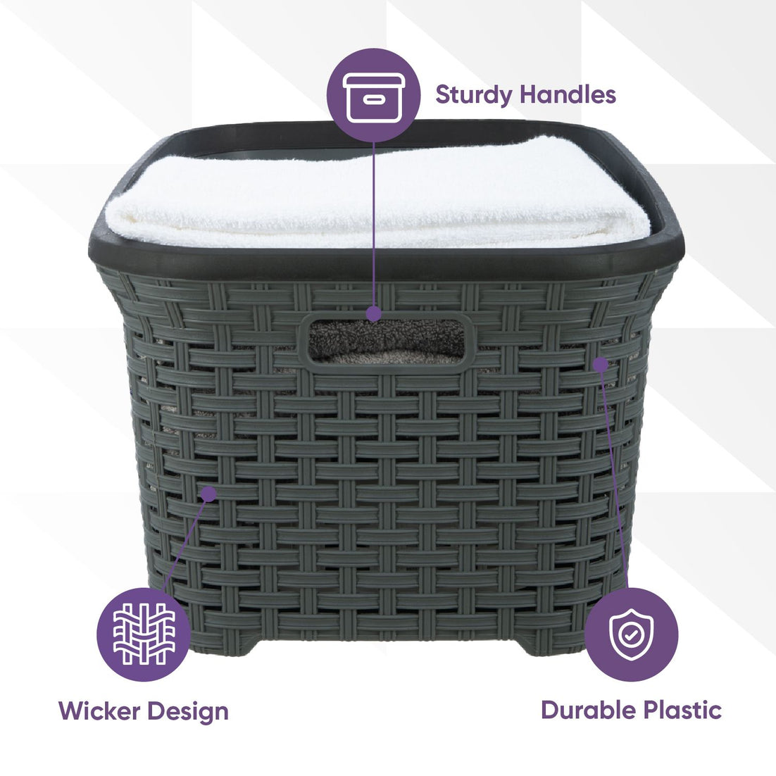 Wicker Style Laundry Basket with Cutout Handles, 50 Liter - Onyx Grey