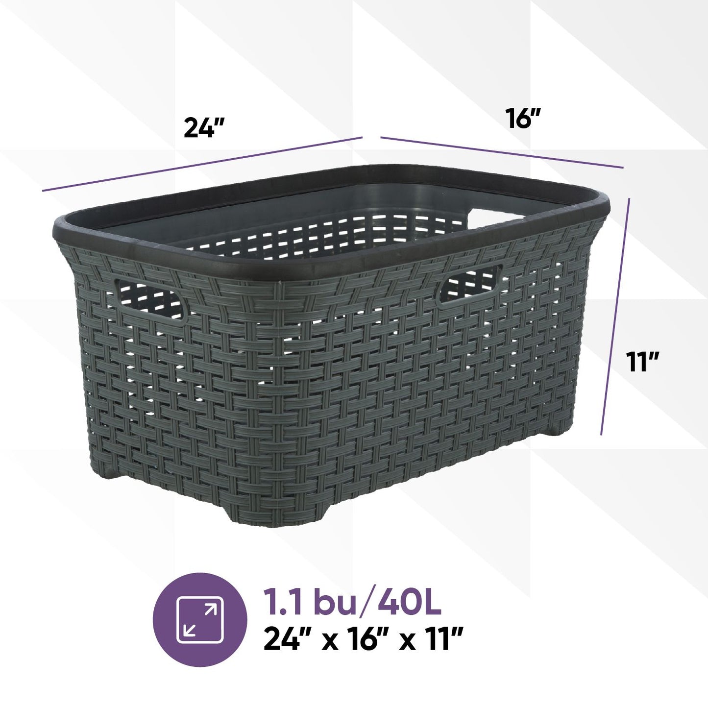 Wicker Style Laundry Basket with Cutout Handles, 50 Liter - Onyx Grey