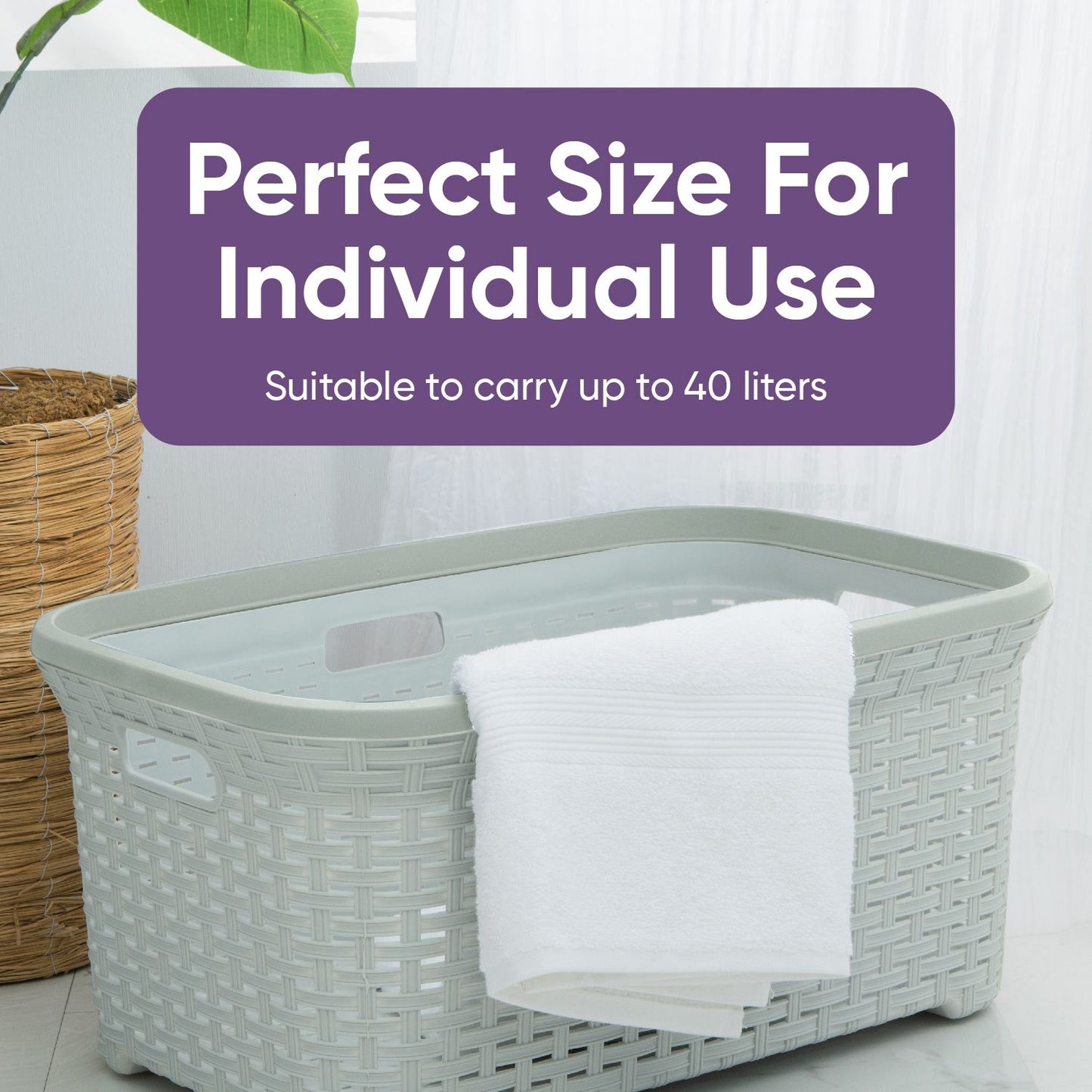 Wicker Style Laundry Basket with Cutout Handles, 50 Liter - White Smoke