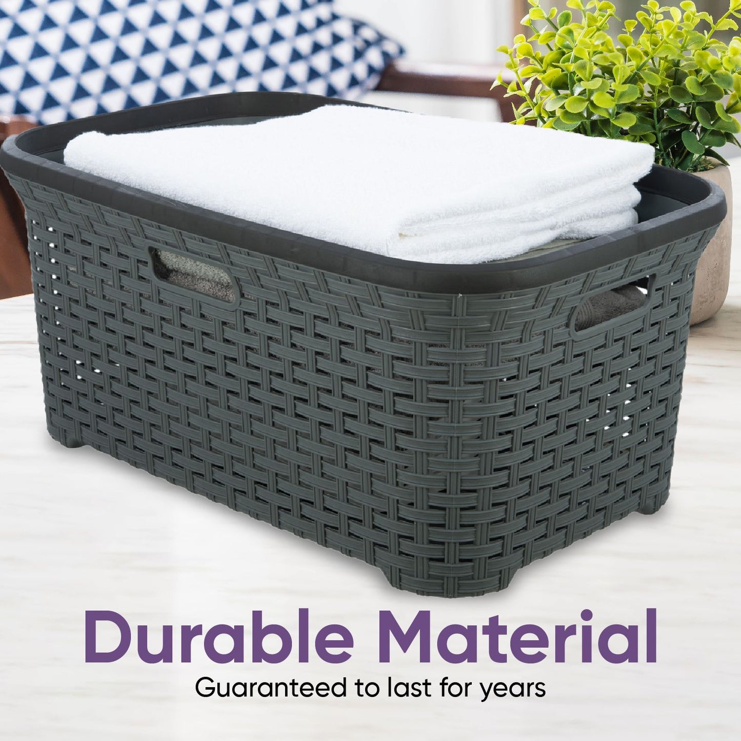 Wicker Style Laundry Basket with Cutout Handles, 50 Liter - Onyx Grey