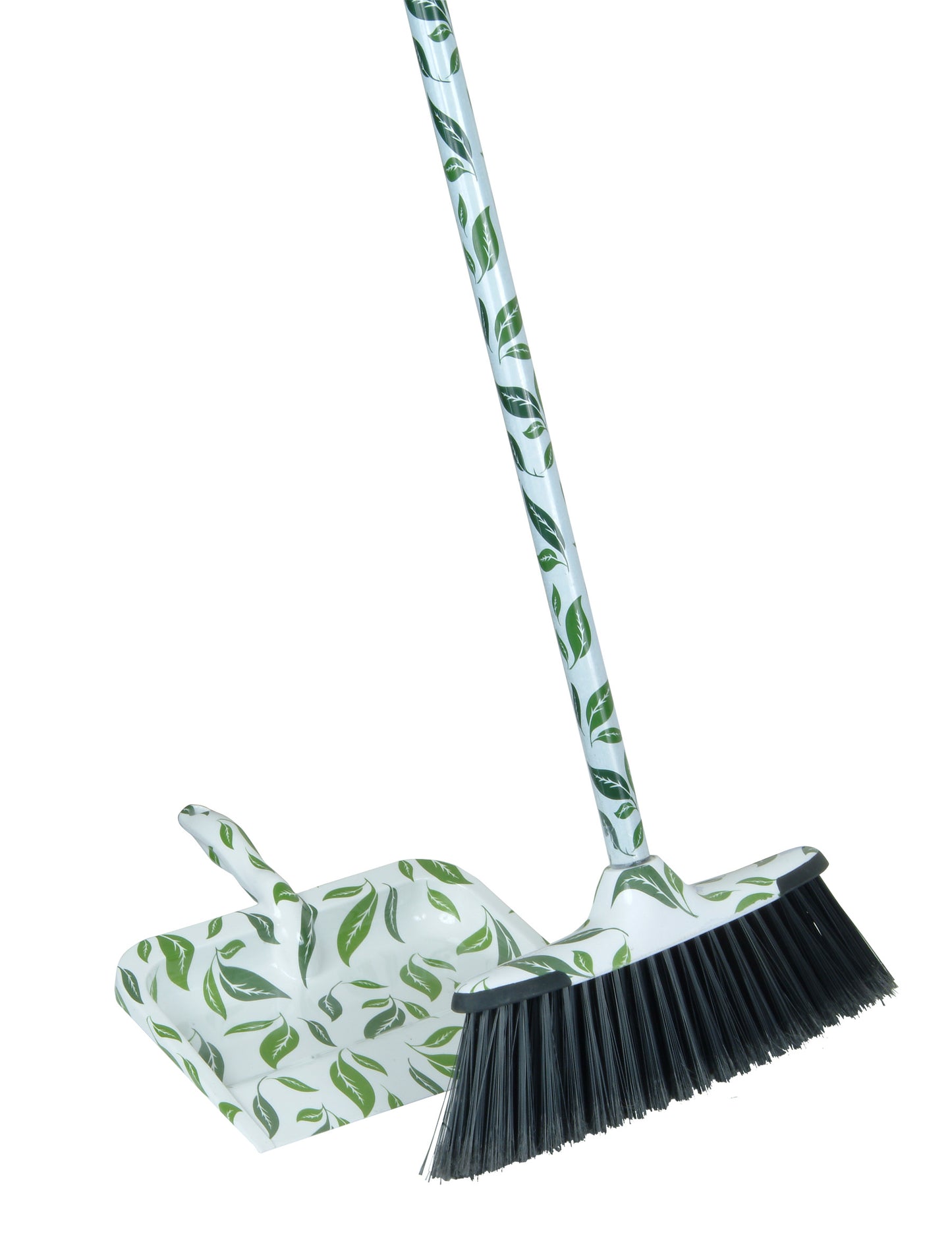 Green/White Leaf Design Broom With Metal Handle.