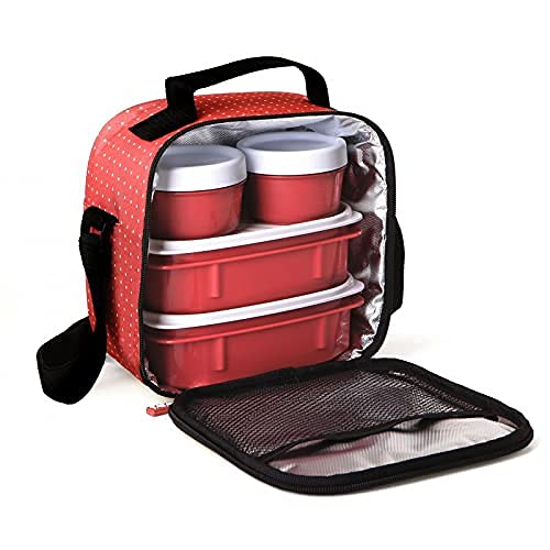 Insulated Lunch Bag with Food  Containers, Red Polka Dots