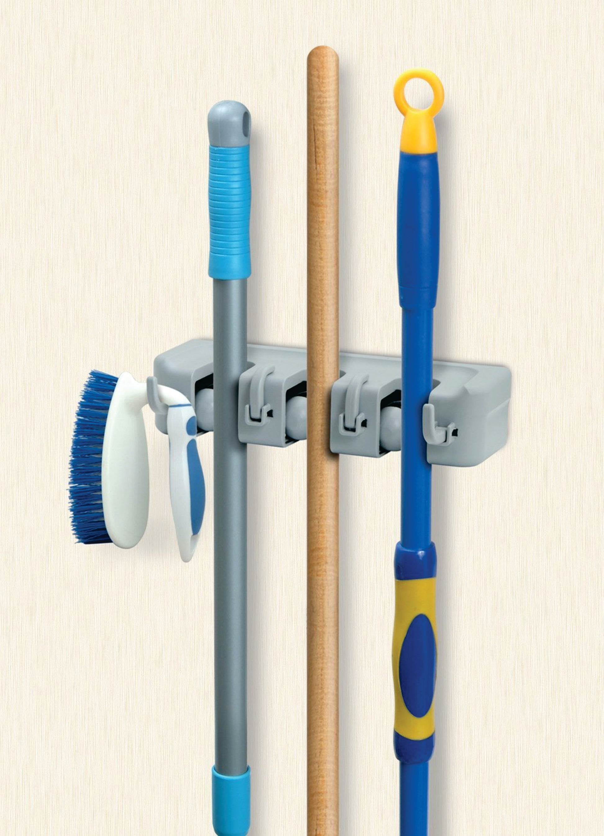 Mop And Broom Holder, Wall Organizer, 3 Slots and 4 Hooks