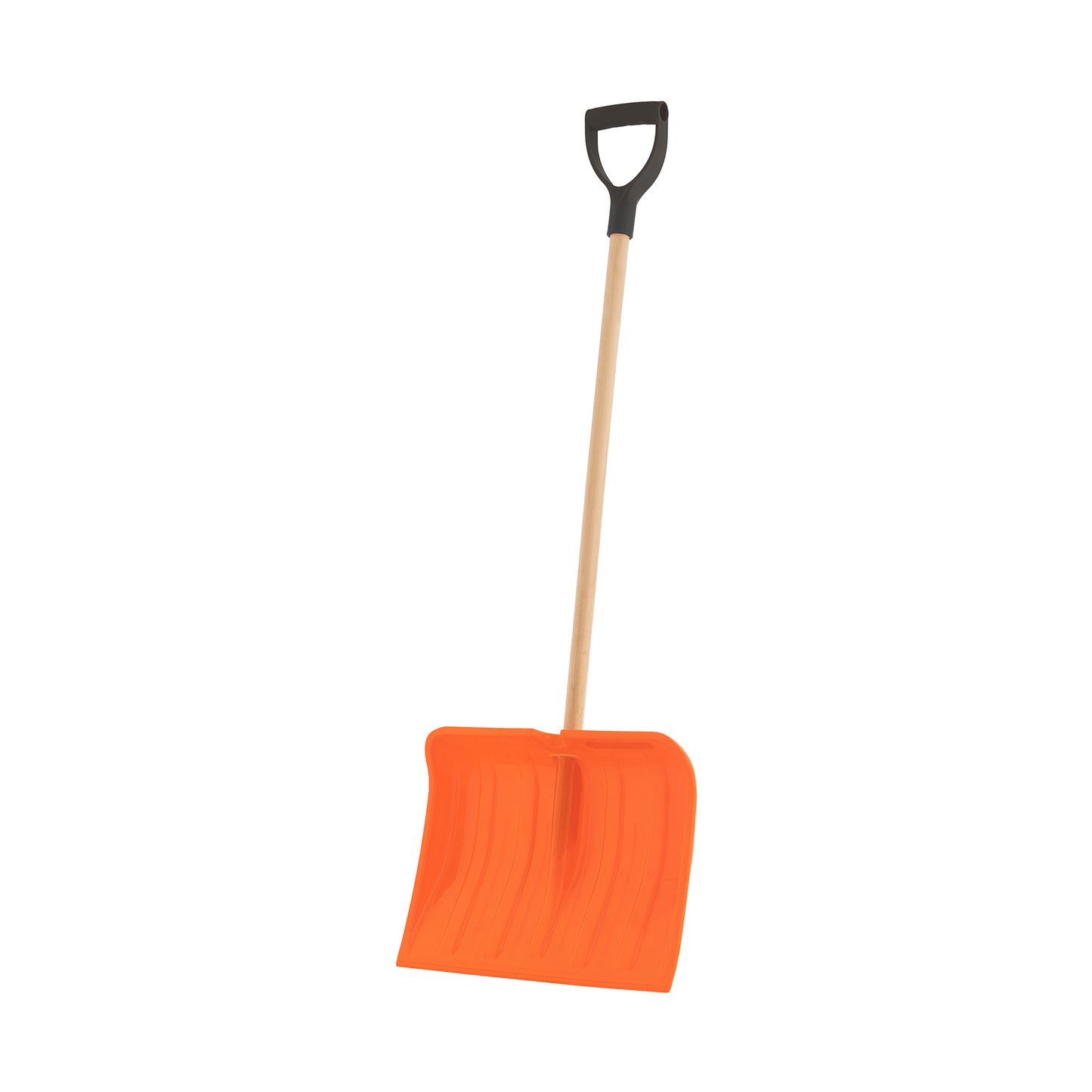 16" Wide Orange Snow Shovel with D-Shaped Wooden Handle. - Height 50"