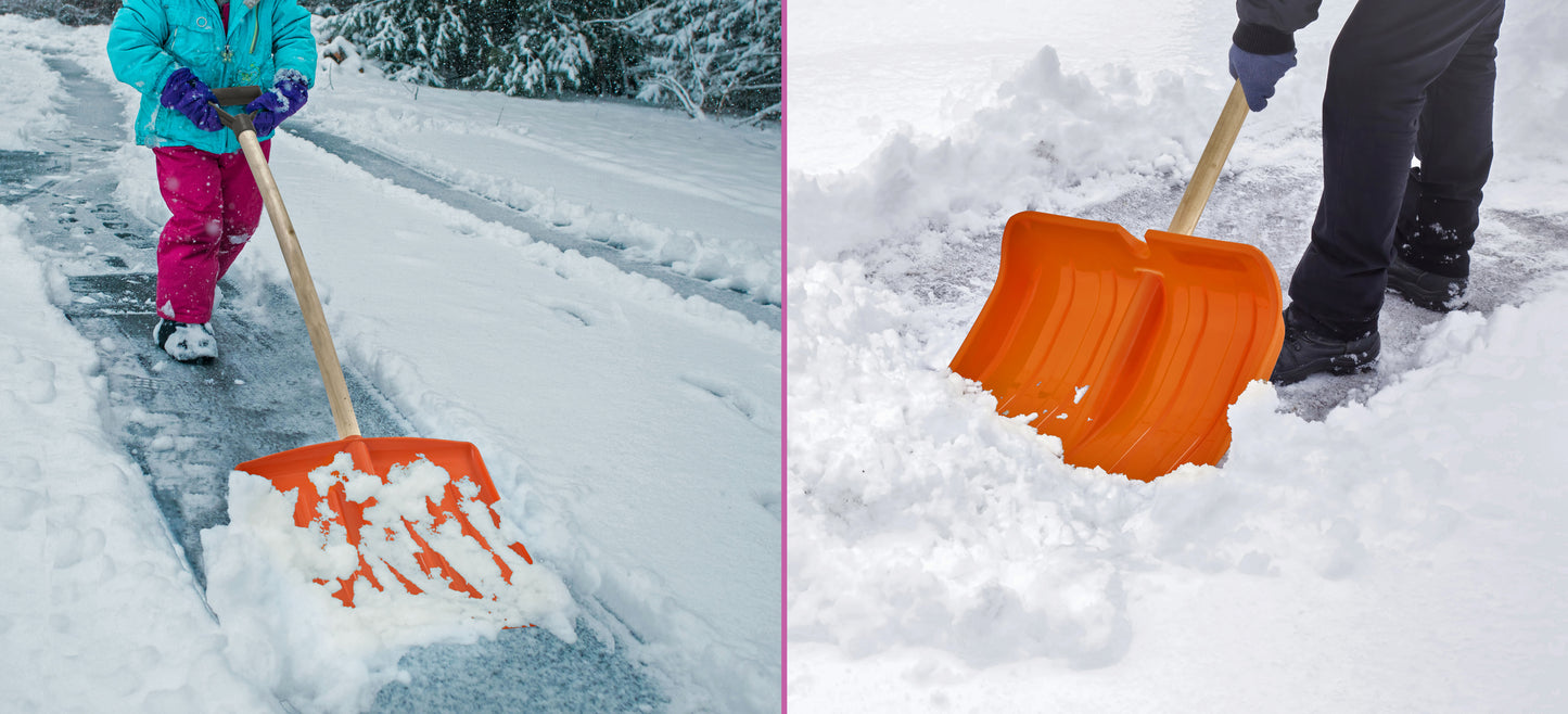 16" Wide Orange Snow Shovel with D-Shaped Wooden Handle. - Height 50"