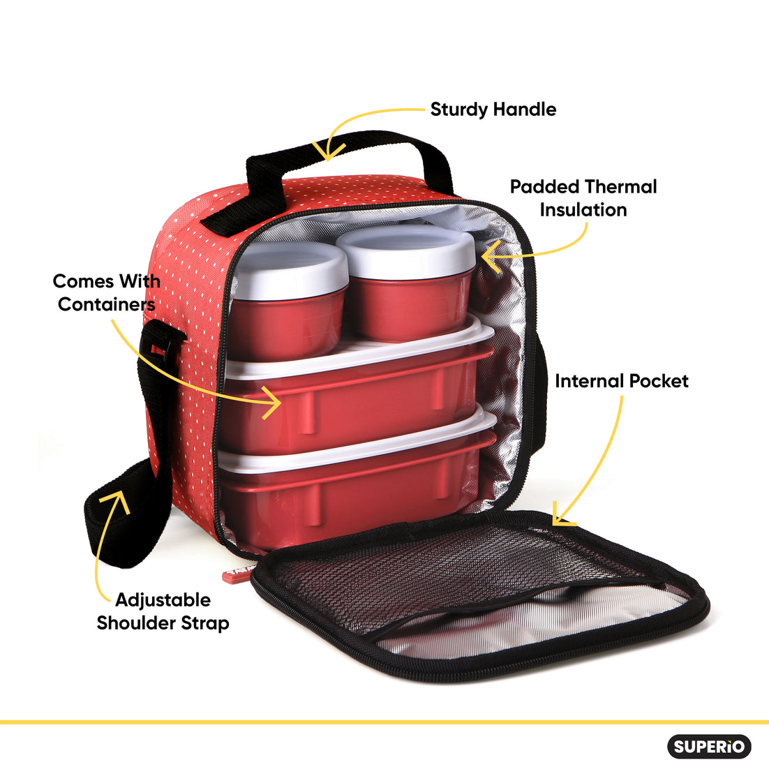 Insulated Lunch Bag with Food  Containers, Red Polka Dots