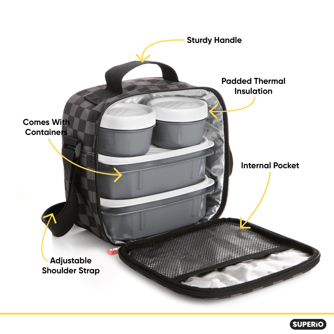 Insulated Lunch Bag with Food  Containers, Grey Checkered