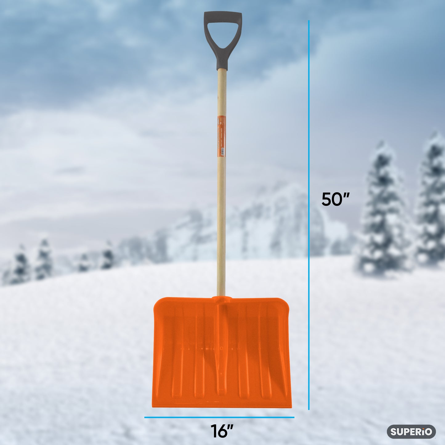 16" Wide Orange Snow Shovel with D-Shaped Wooden Handle. - Height 50"