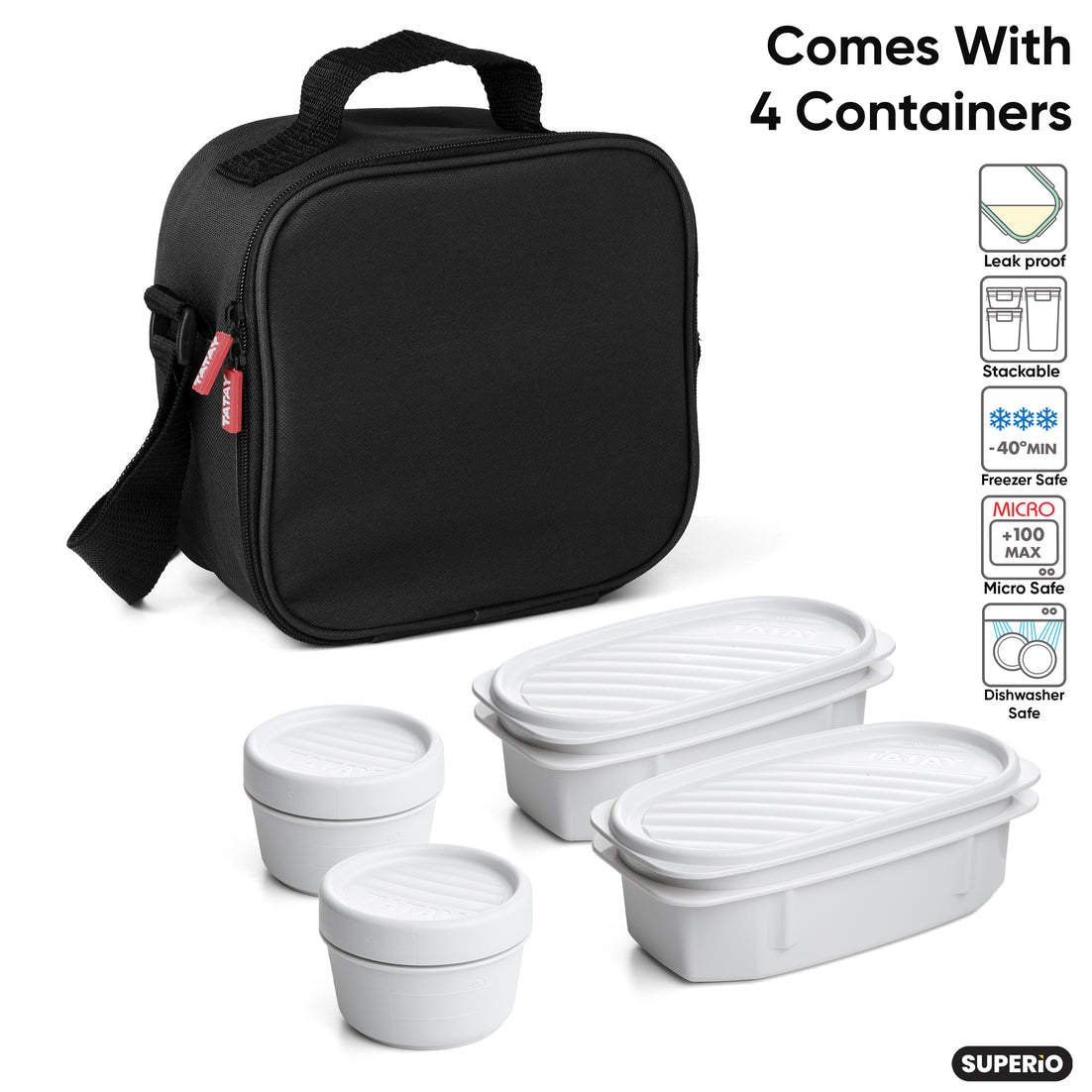 Insulated Lunch Bag with Food  Containers, Black