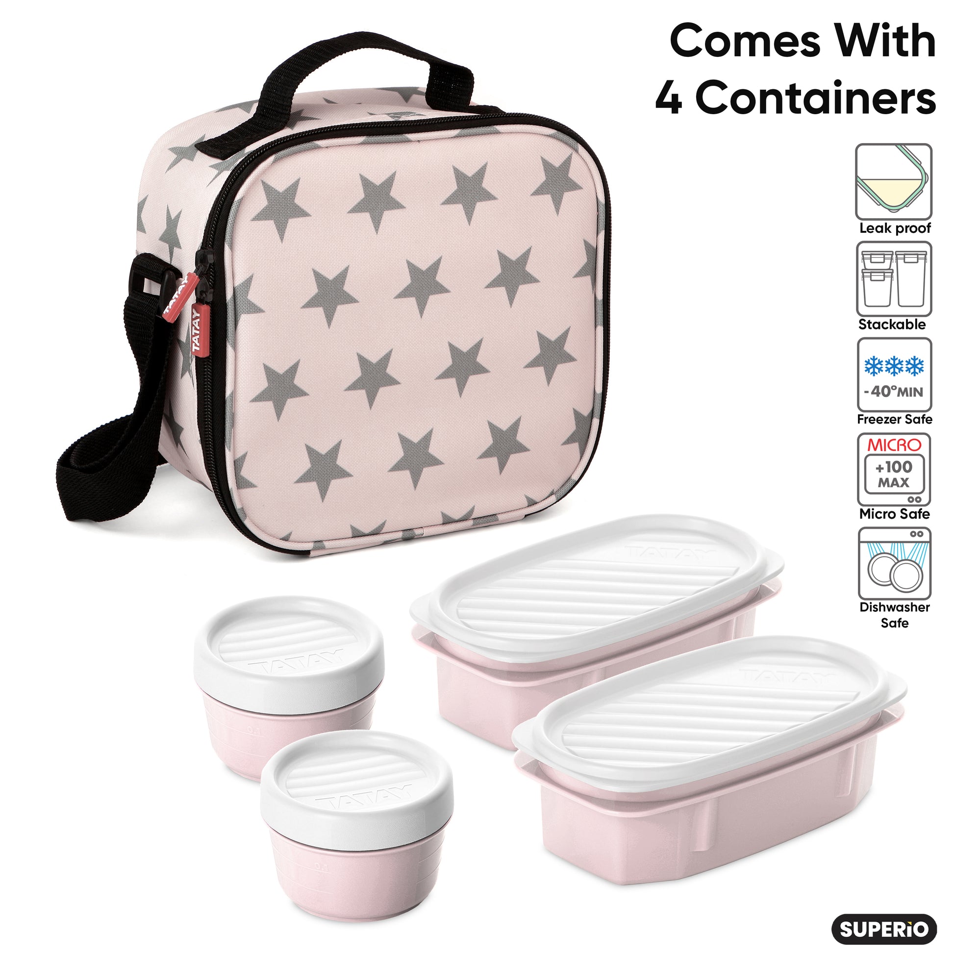 Insulated Lunch Bag with Containers, Thermal Lined Lunch Box for Kids Reusable Leak Proof Containers for Work School Travel and Beach Pink Stars