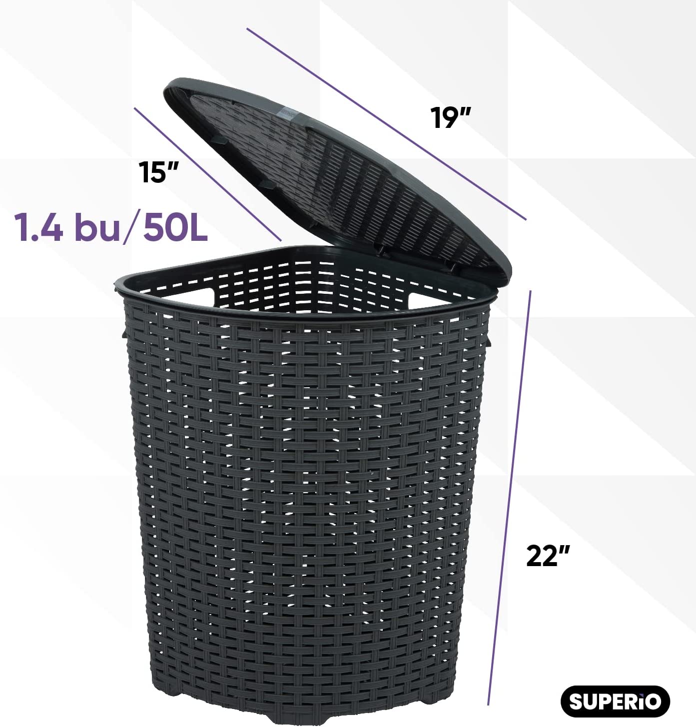 Wicker Style Corner Laundry Hamper, 50 Liter - Onyx Grey