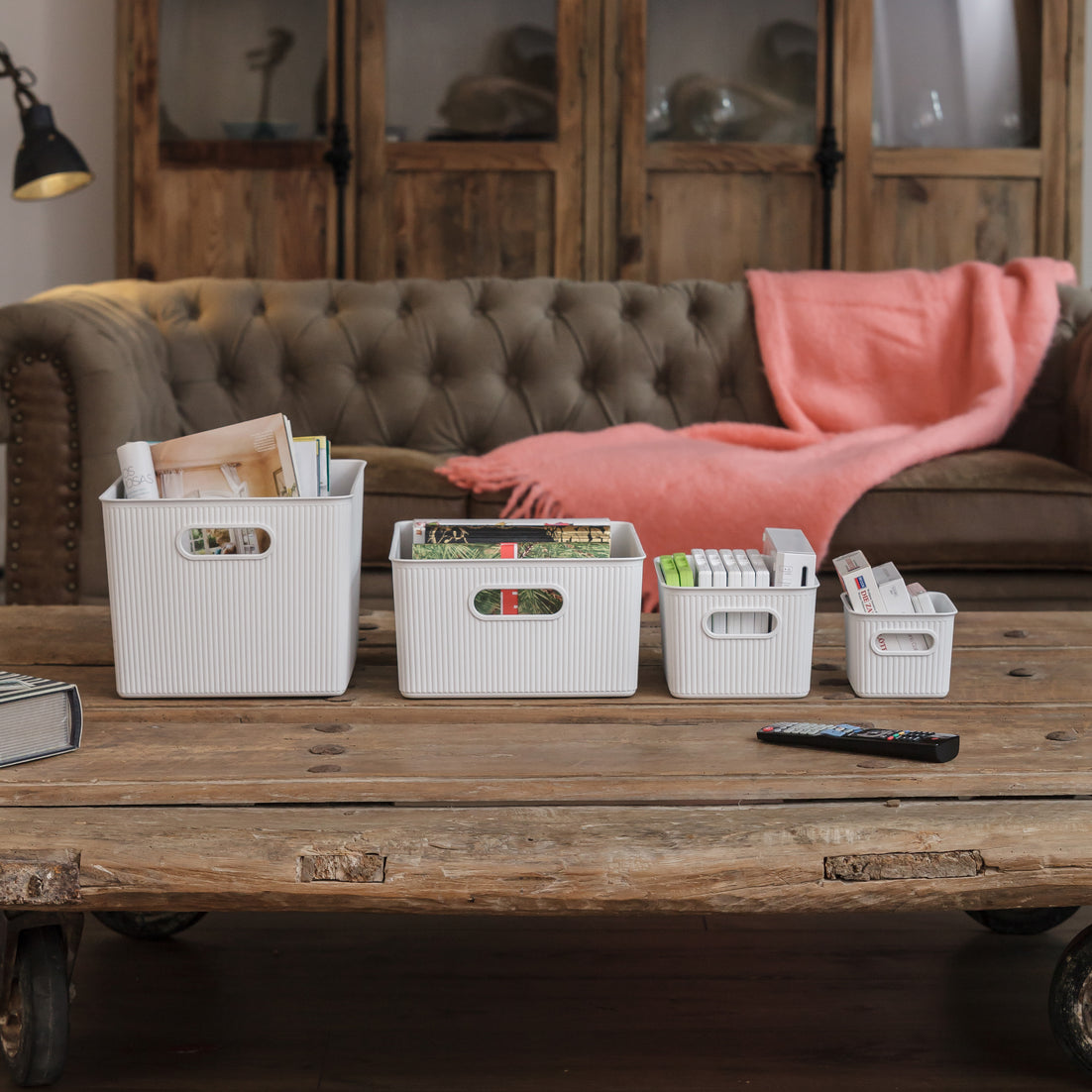 Set of 3 Ribbed Storage Bin White