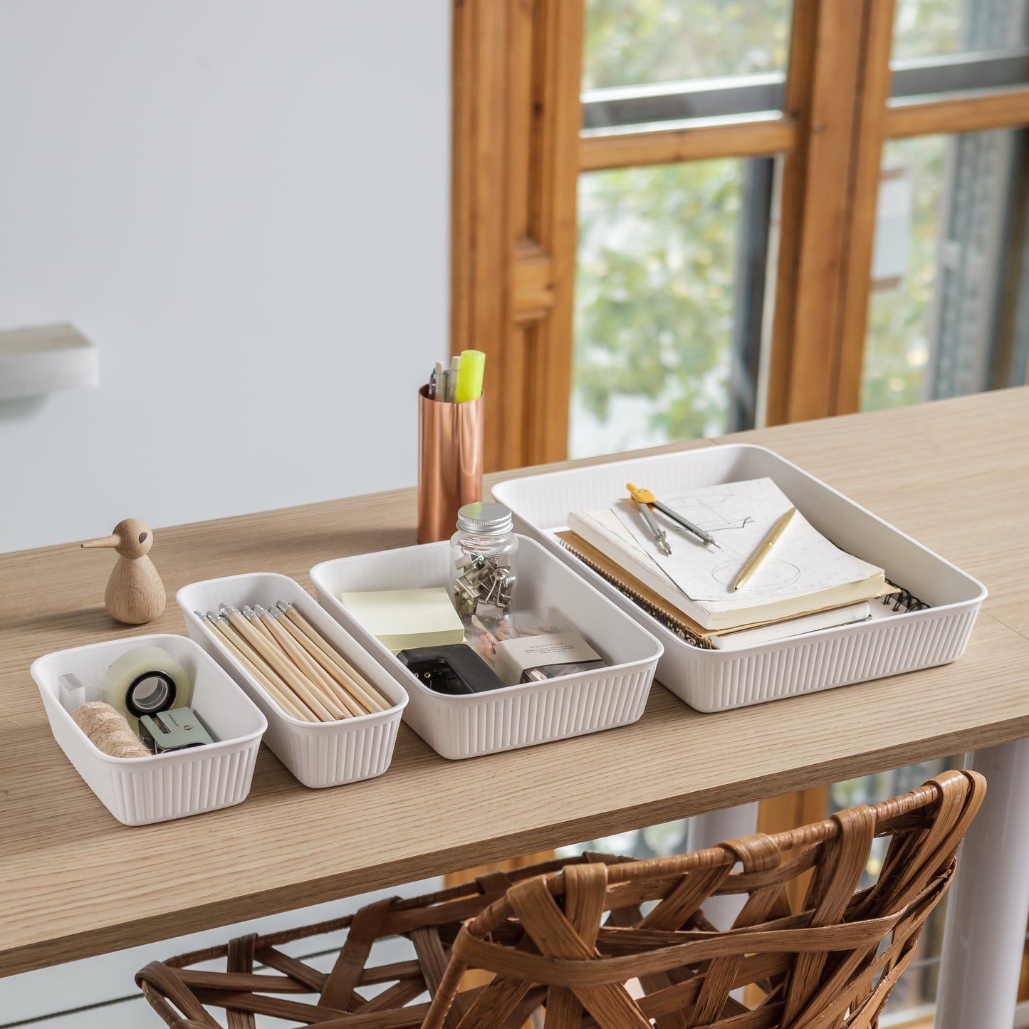 Set of 5 Ribbed Storage Bin White