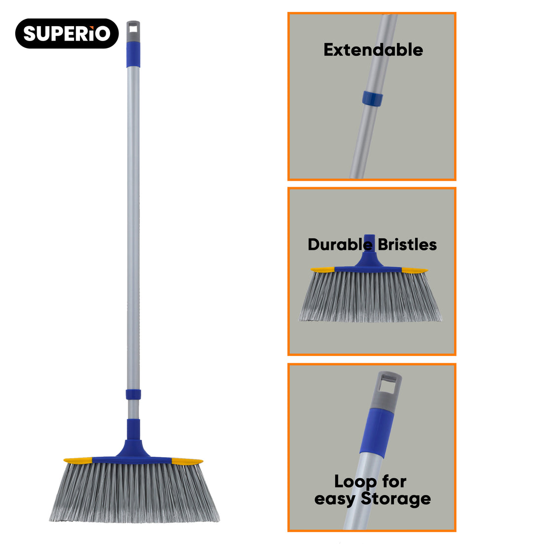 Slim Angle Broom with Telescopic Handle, Blue