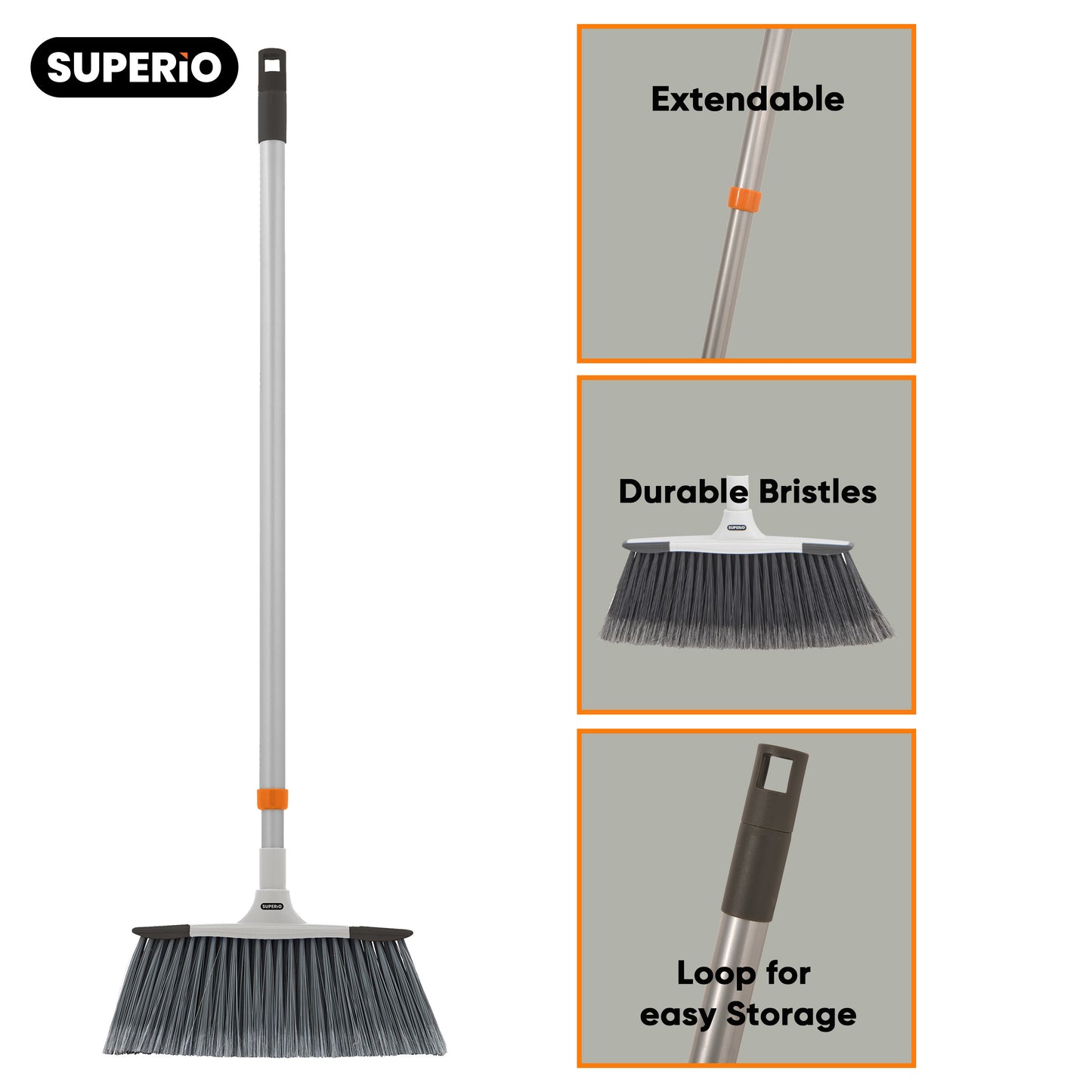 Slim Angle Broom with Telescopic Handle, Grey