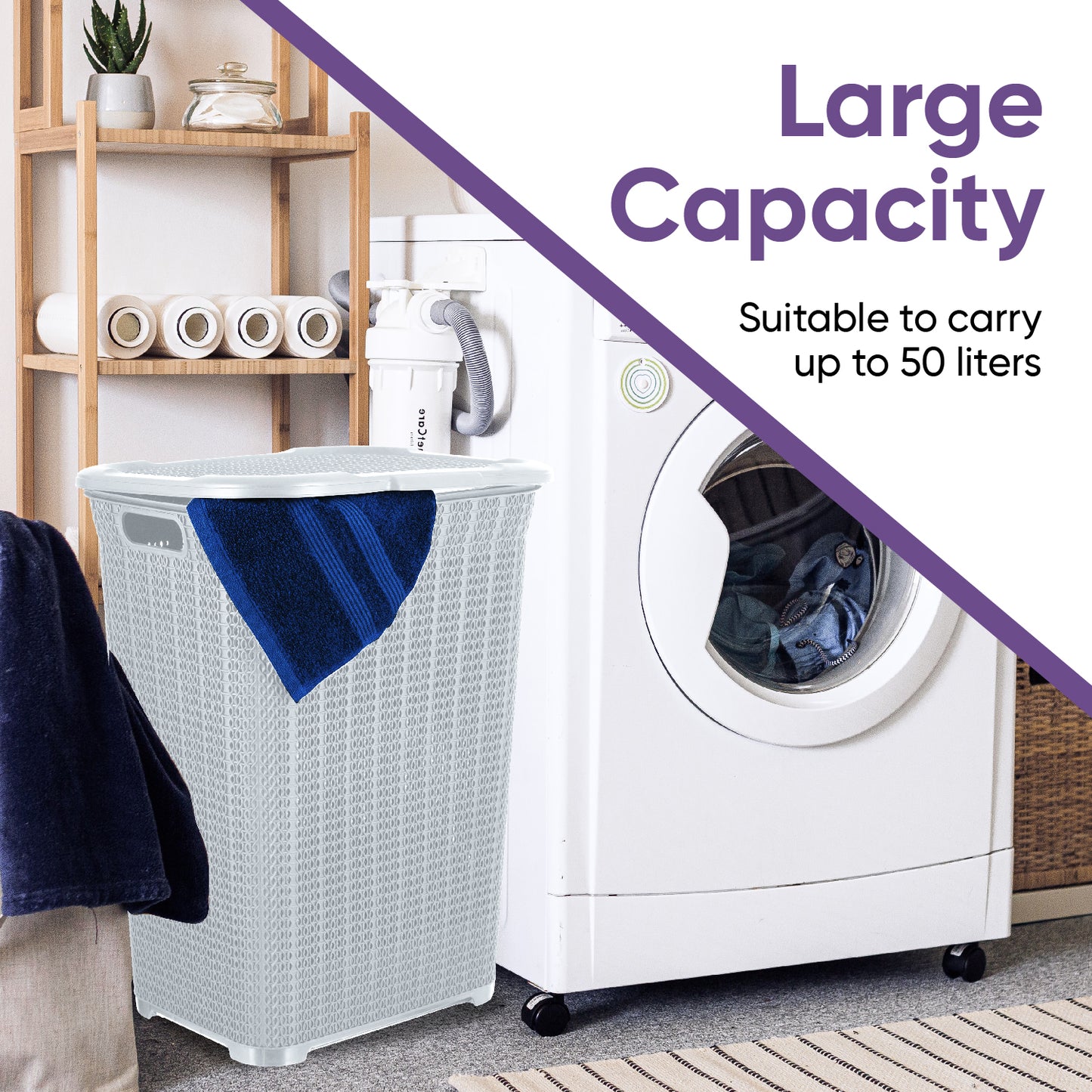 50 Liter Knit Style Laundry Hamper with Cutout Handles - White smoke