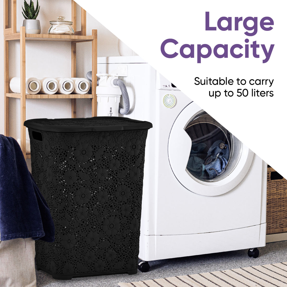 50 Liter Knit Style Laundry Hamper with Cutout Handles - Black