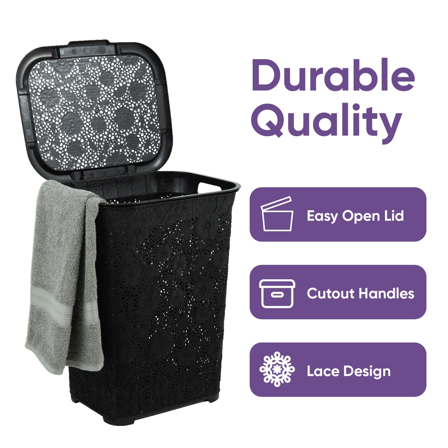 50 Liter Knit Style Laundry Hamper with Cutout Handles - Black