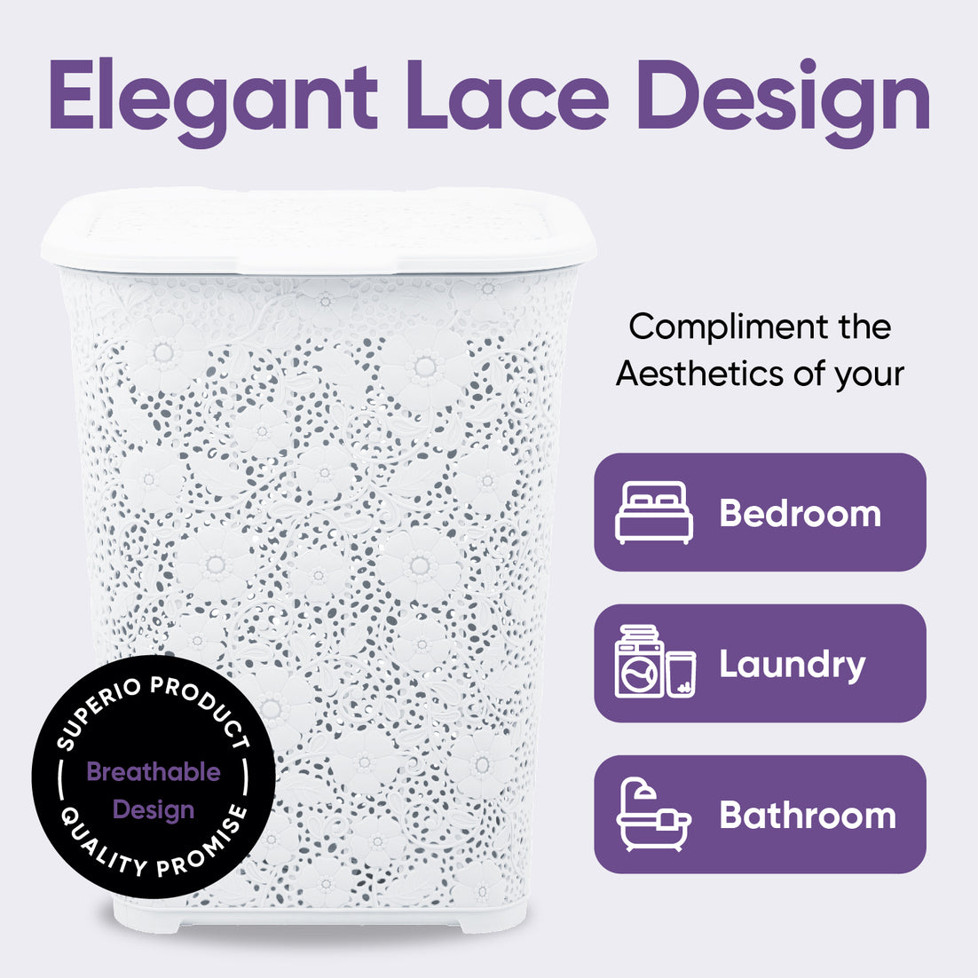 Laundry Hamper Lace Style, White 50 Liter