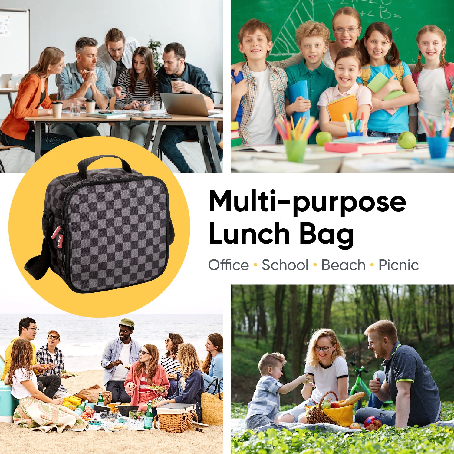 Superio Insulated Lunch Bag with Containers for Men/kids Reusable, Leak Proof Containers for Travel, and Beach, Grey Checked Small School Lunch Box