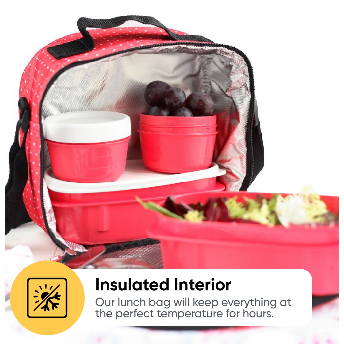 Insulated Lunch Bag with Food  Containers, Red Polka Dots