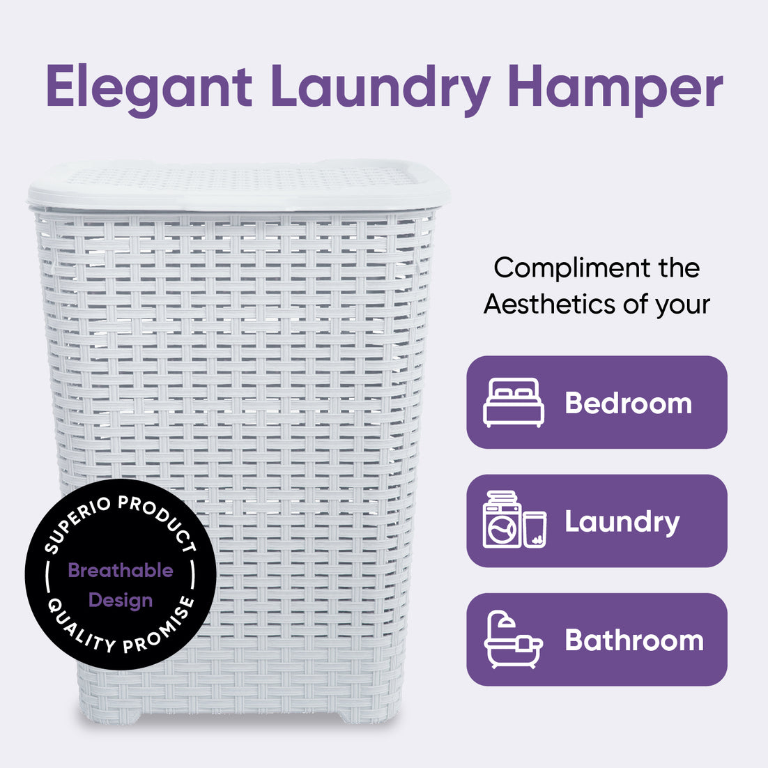 Wicker Style Laundry Hamper, 60 Liter - White Smoke