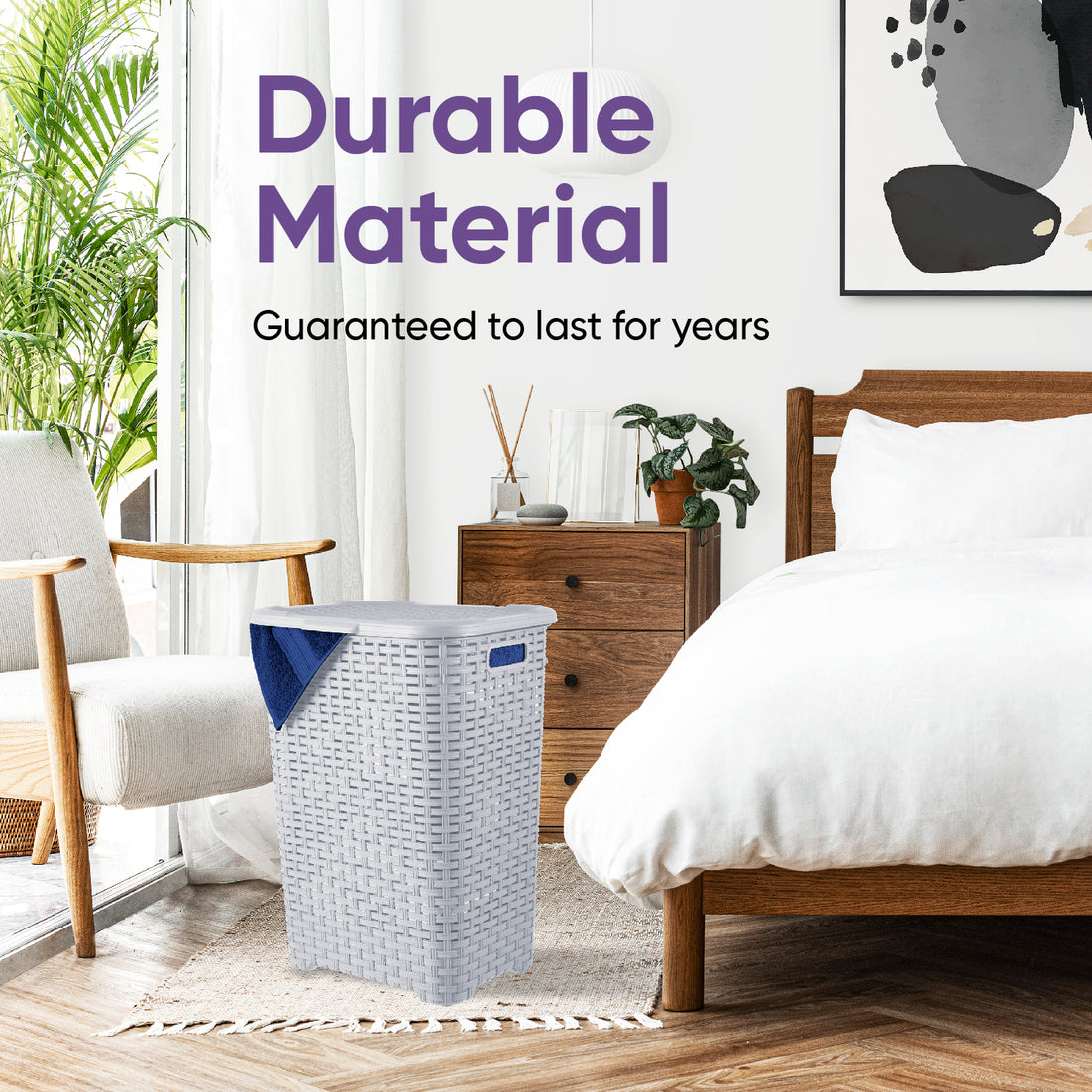 Wicker Style Laundry Hamper, 60 Liter - White Smoke
