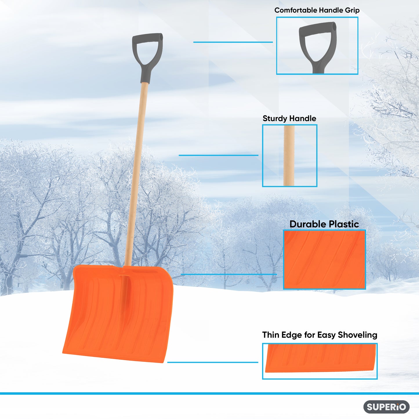 16" Wide Orange Snow Shovel with D-Shaped Wooden Handle. - Height 50"